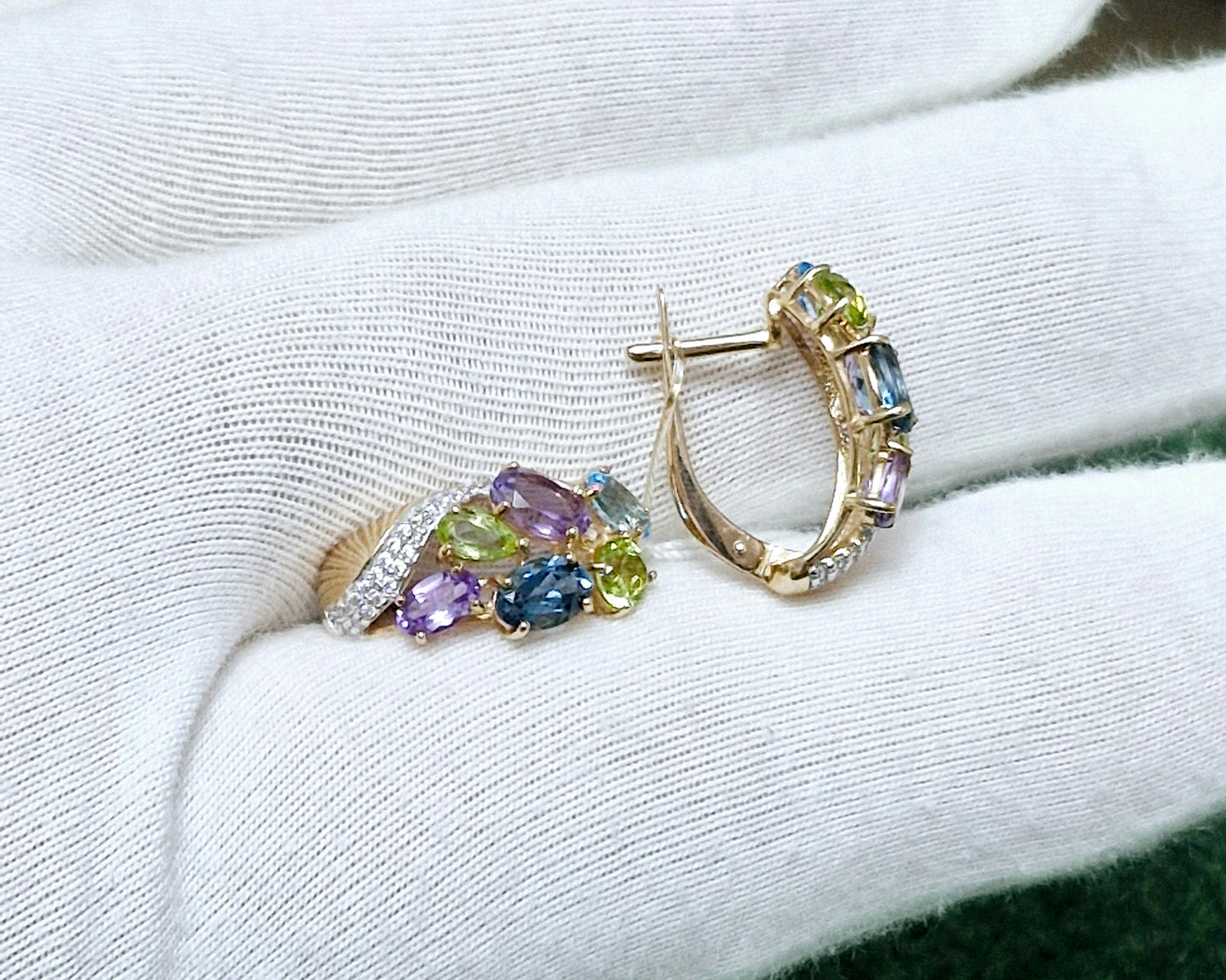 Ohrringe mit Chrysolith, Amethyst, Topas und Zirkonia Russisches Rotgold 585 Art. Nr. 723787