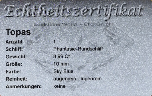 Edelstein Sky Blue Topas Phantasie- Rundschliff 10 mm 3.99 Ct