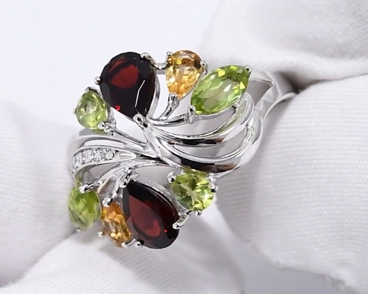 Silber Ring mit Granat, Chrysolith, Citrin und Zirkonia Art. Nr. 92011833