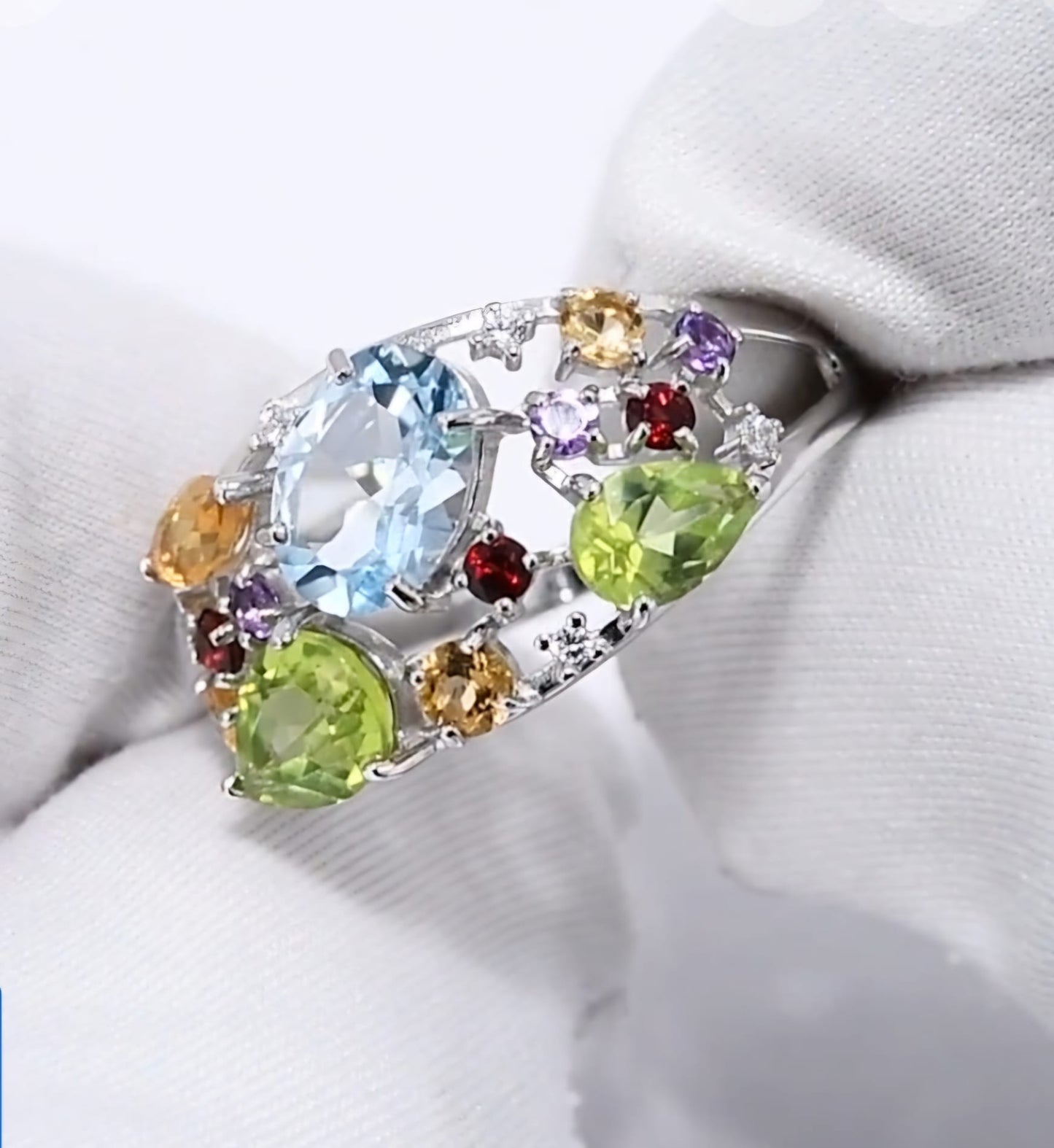 Silber Ring mit Sky Blue Topas, Chrysolith, Citrin, Granat und Zirkonia Art.Nr.92010223
