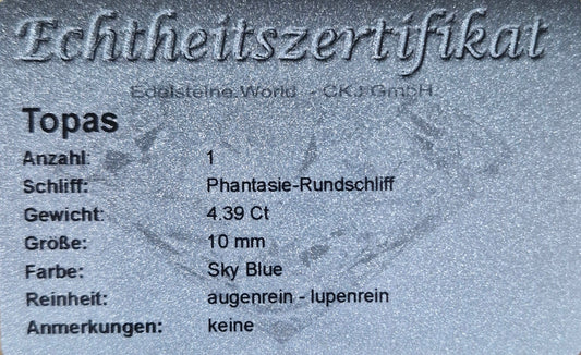 Sky Blue Topas 10 mm 4.39 Ct