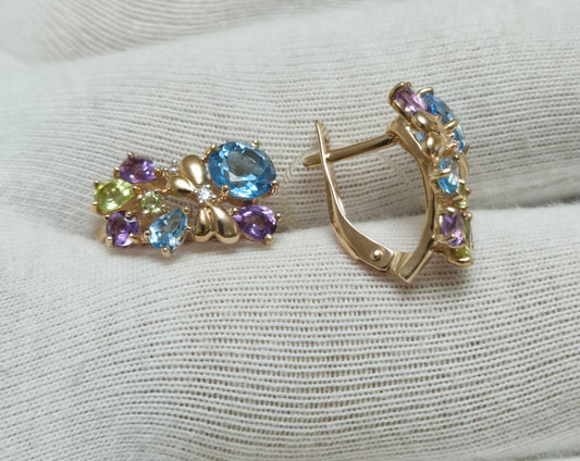 Ohrringe mit Swiss Blue Topas, Amethyst Chrysolith und Zirkonia Russisches Rotgold 585 Art. Nr. 722523