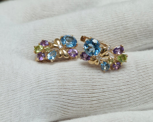 Ohrringe mit Swiss Blue Topas, Amethyst Chrysolith und Zirkonia Russisches Rotgold 585 Art. Nr. 722523