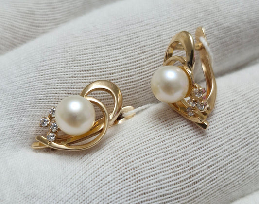 Ohrringe mit Perle und Zirkonia Russisches Rotgold 585 Art. Nr. T108021665