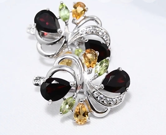 Silber Ohrringe mit Granat, Chrysolith, Citrin und Zirkonia  Art. Nr. 92022086