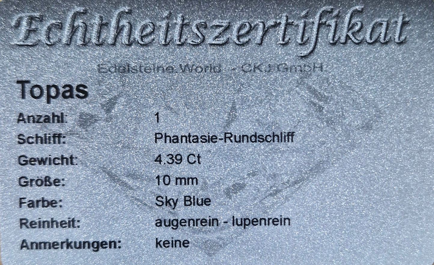 Sky Blue Topas 10 mm 4.39 Ct