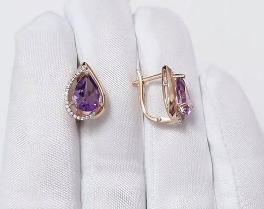 Ohrringe mit Amethyst und Zirkonia Russisches Rotgold 585 Art. Nr. 725894